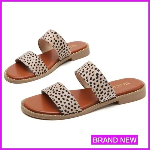 Women's Flat Sandals Slip On Double Strap Casual Summer Slides with Rivets - Picture 3 of 6